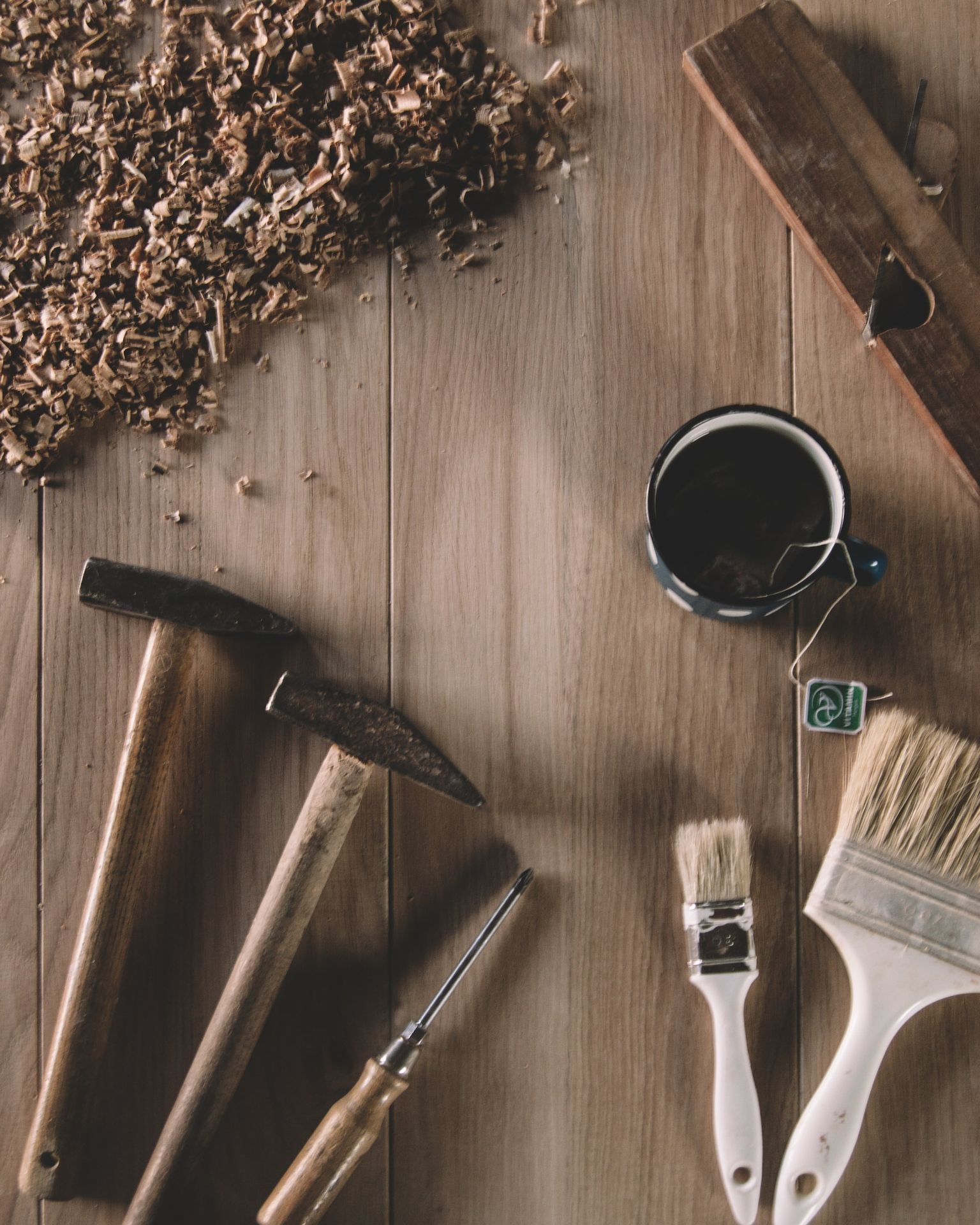 Woodwork tooling and a tea mug